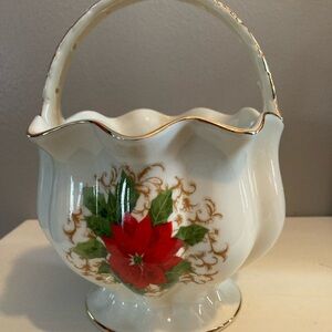 Elegant Holiday Ceramic Basket with Poinsettia Design